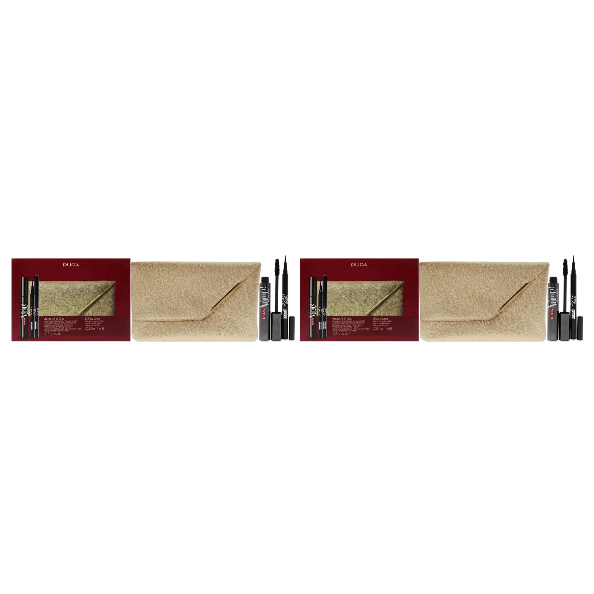 Pupa Milano Vamp! All in One and Skinny Liner Set - Pack of 2 by Pupa Milano for Women - 3 Pc 0.30oz Vamp! All in One Mascara - 101 Black. 0.034oz Skinny Liner. Handy Bag