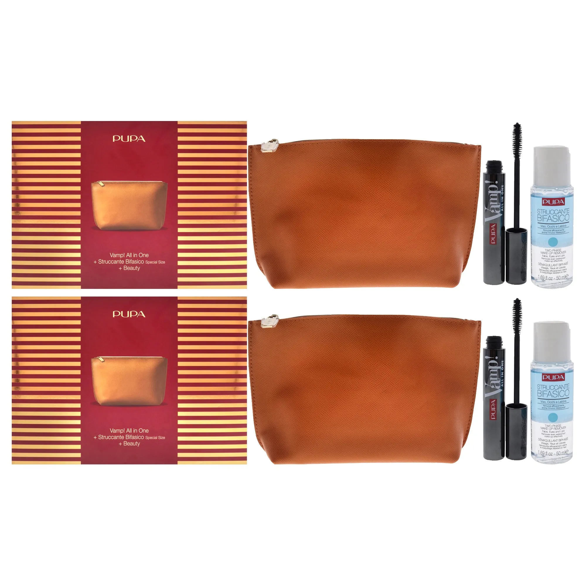 Pupa Milano Vamp! All in One and Two-Phase Make-Up Remover Set - Pack of 2 by Pupa Milano for Women - 3 Pc 0.30oz Vamp! All in One Mascara - 101 Black. 1.69oz Two-Phase Make-Up Remover. Beauty Bag